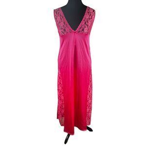 Vintage hot Pink Nylon Satin Lace Accent Lingerie Nightgown Slip Dress Women M